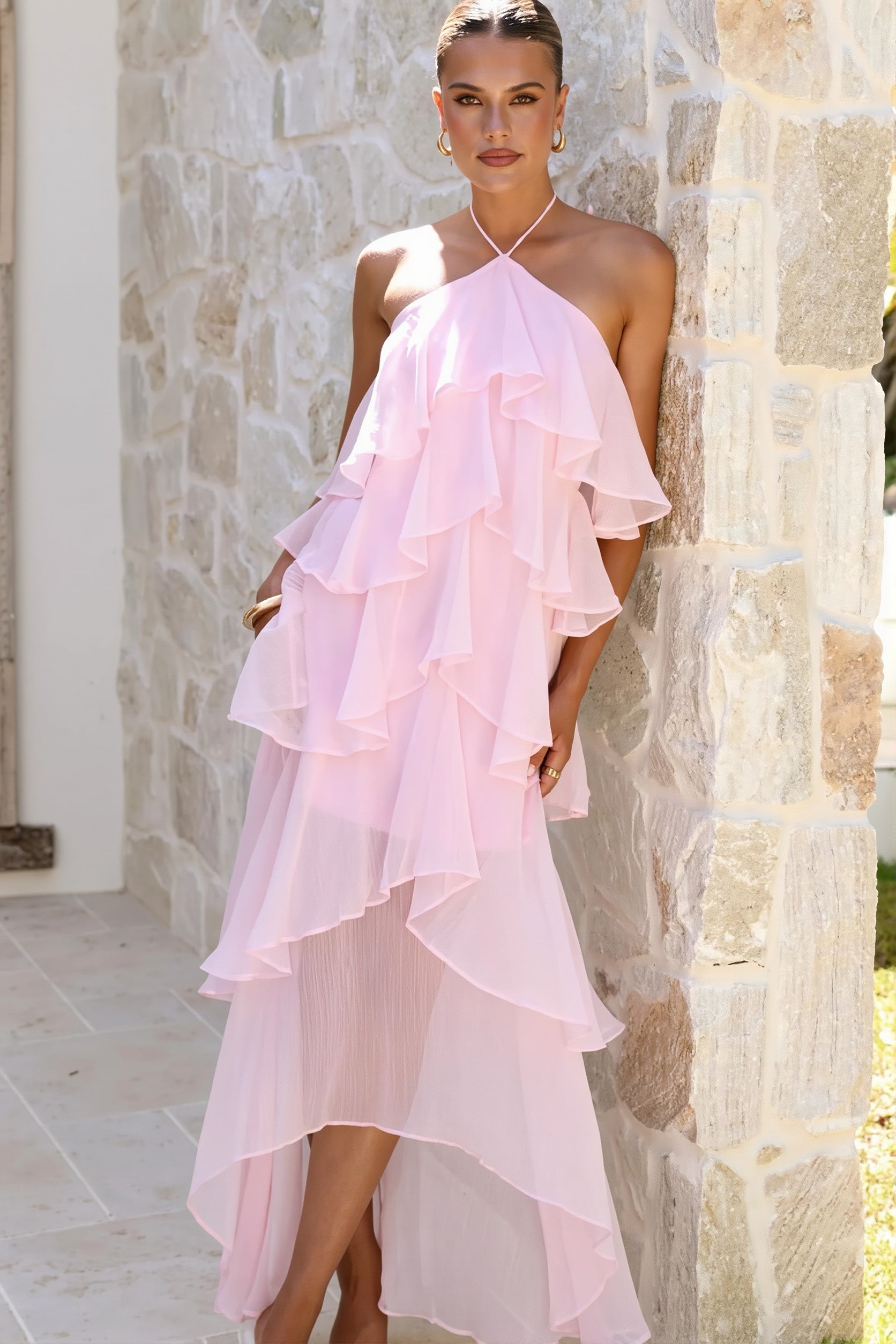 Tiered Ruffle Chiffon Maxi Dress