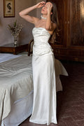 Satin Shirred Strapless Maxi Dress