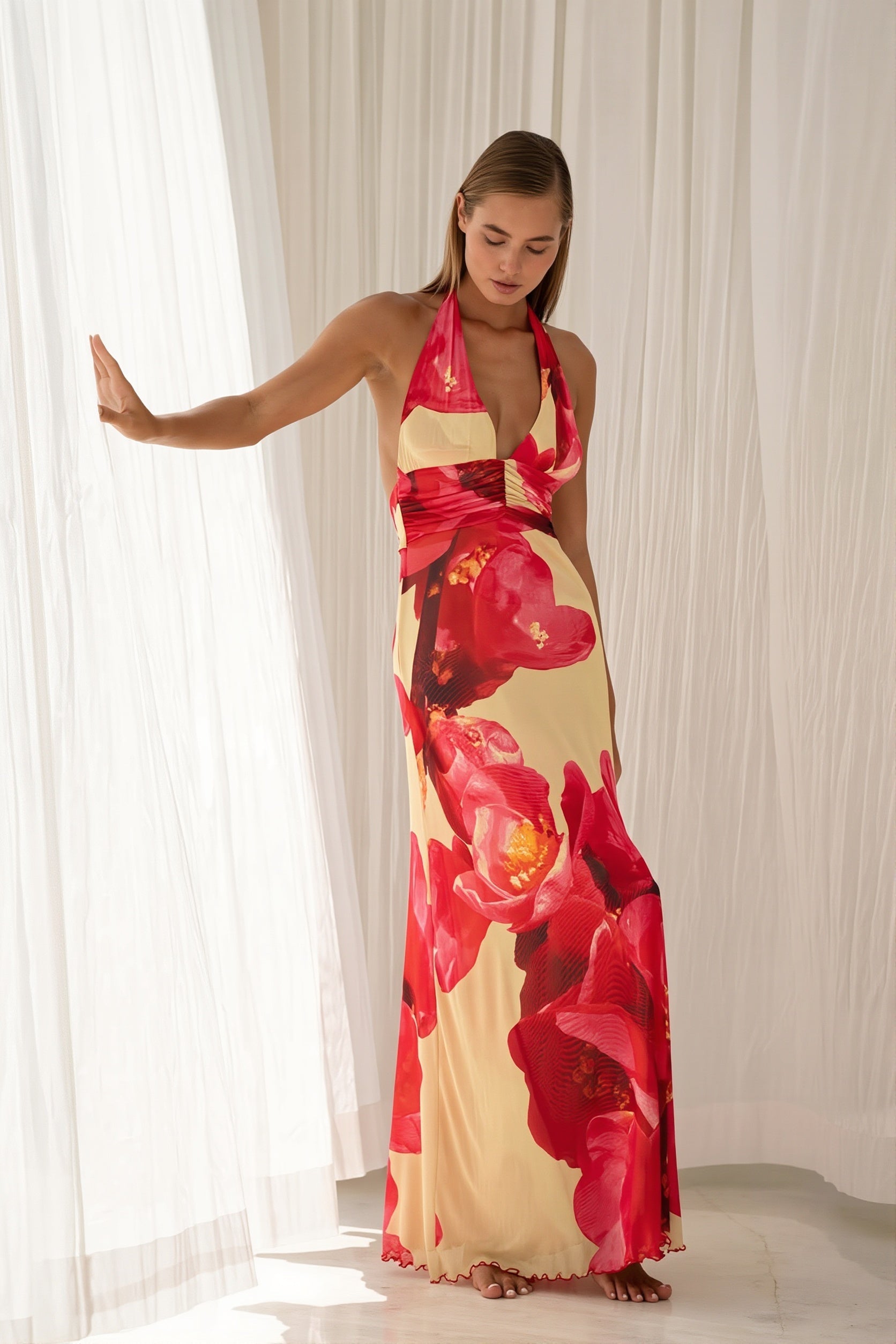 Printed Halter Backless Slim Maxi Dress