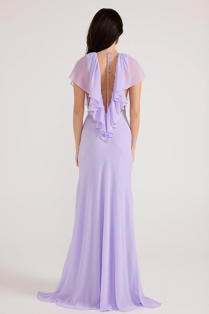 Deep-V Ruffle Solid Maxi Dress