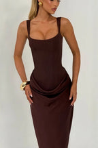 Ruched Spaghetti-Strap Waist-Cinch Bodycon Maxi Dress
