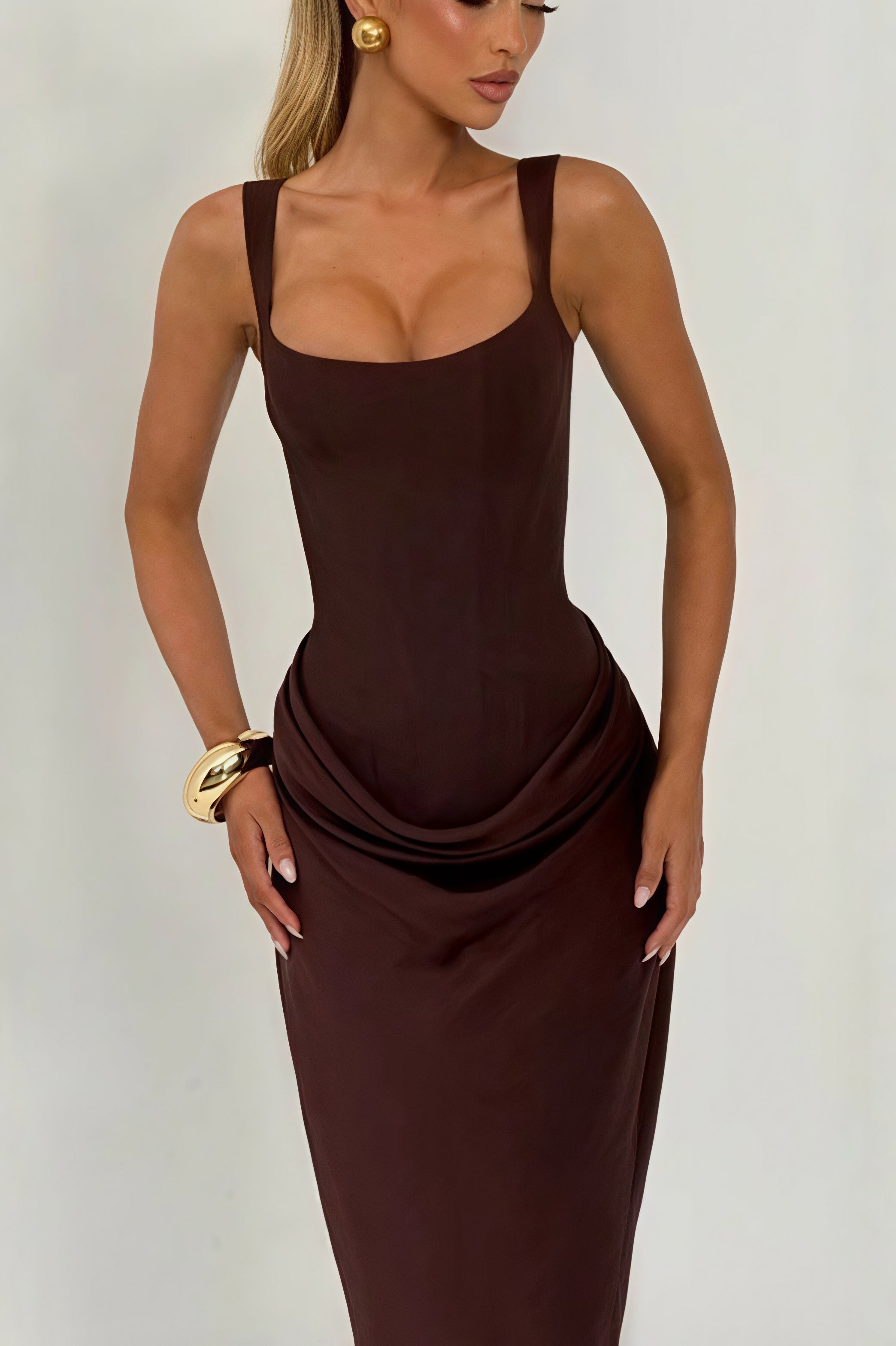 Ruched Spaghetti-Strap Waist-Cinch Bodycon Maxi Dress