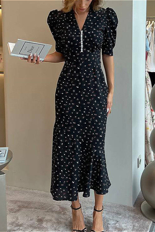 Floral V-Neck Ruffle Short-Sleeve Dress