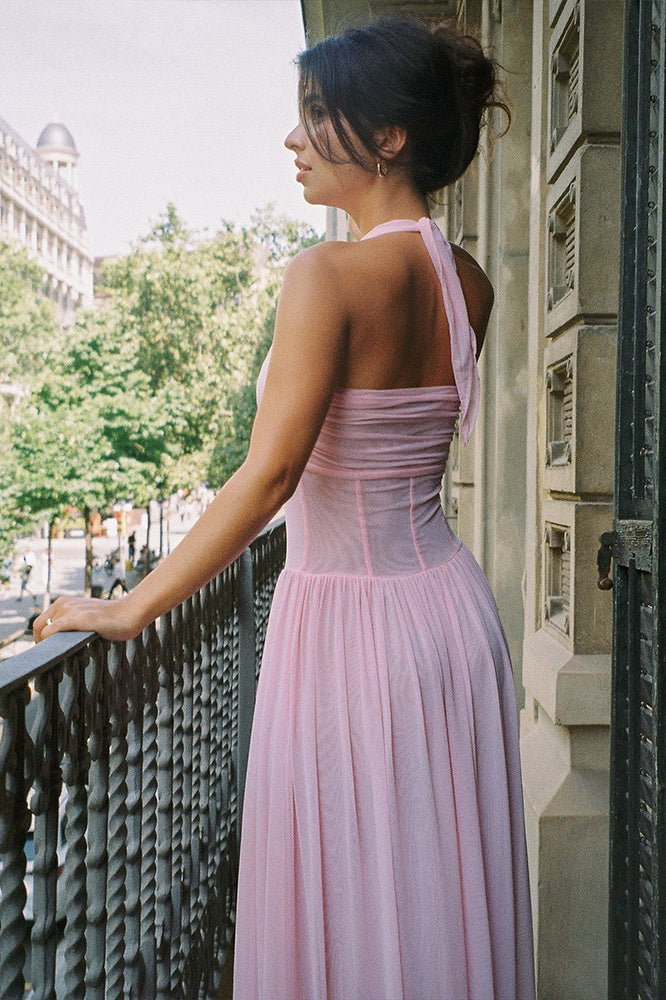 Halter Boned-Waist Mesh Maxi Dress