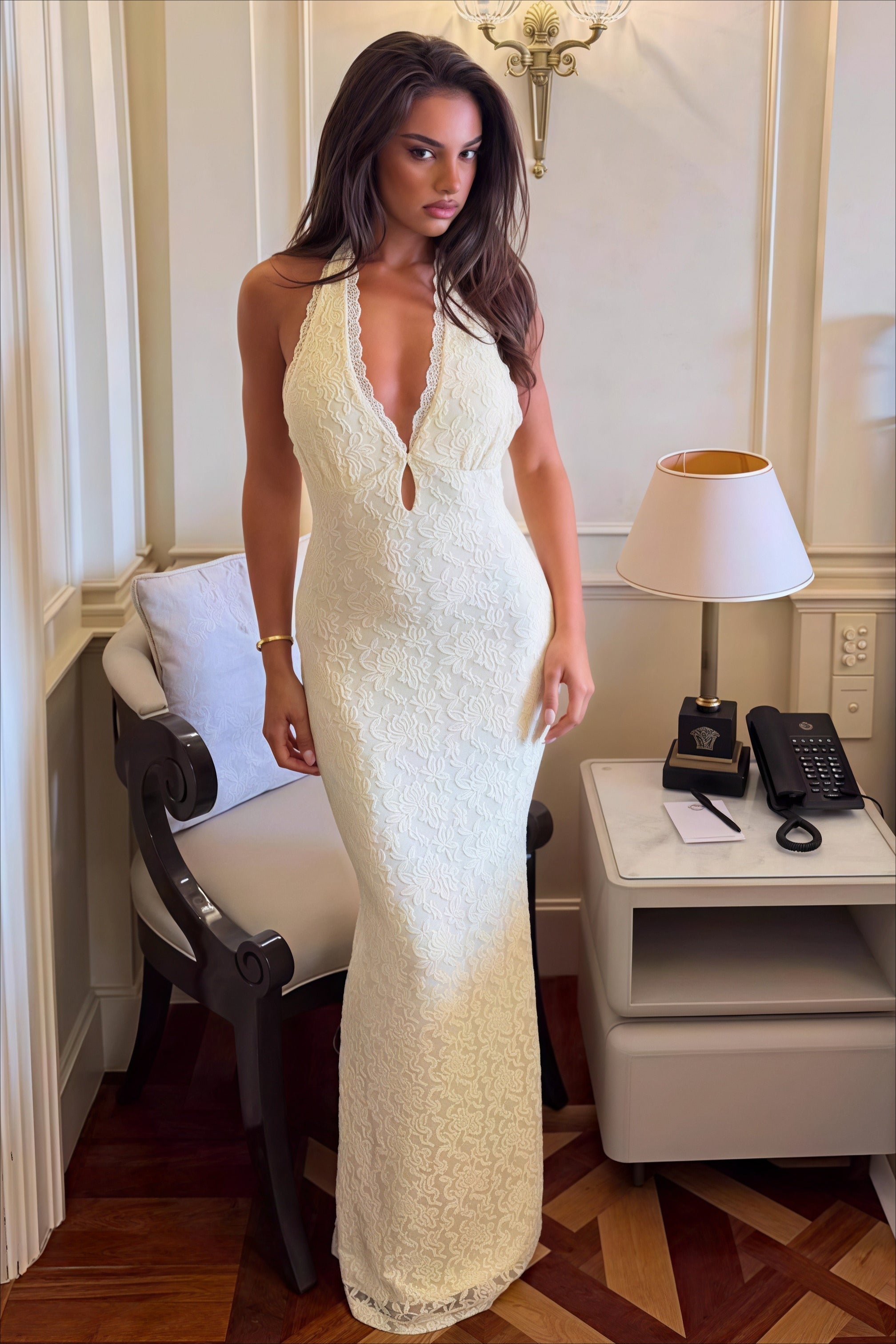 Lace Halter Tie-Back Bodycon Maxi Dress
