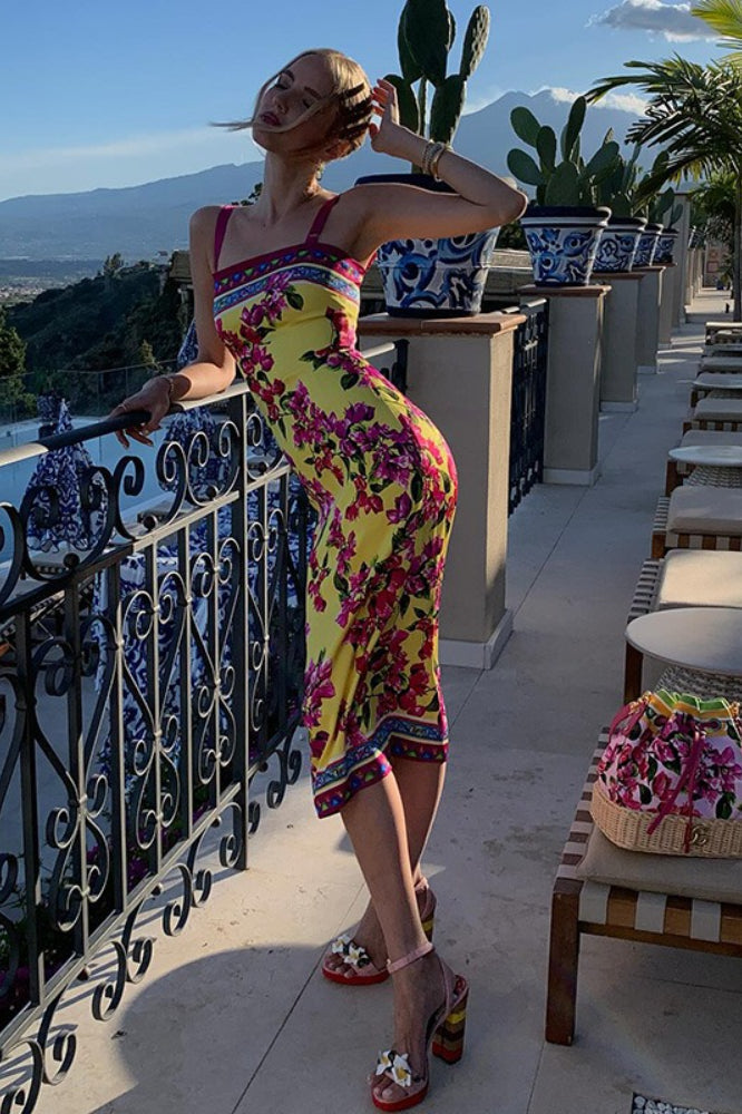 Vintage-Print Cami Slim Midi Dress