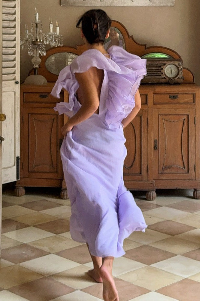 Deep-V Ruffle Solid Maxi Dress