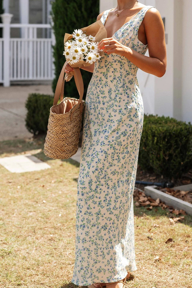 Floral V-Neck Backless Slip Dress
