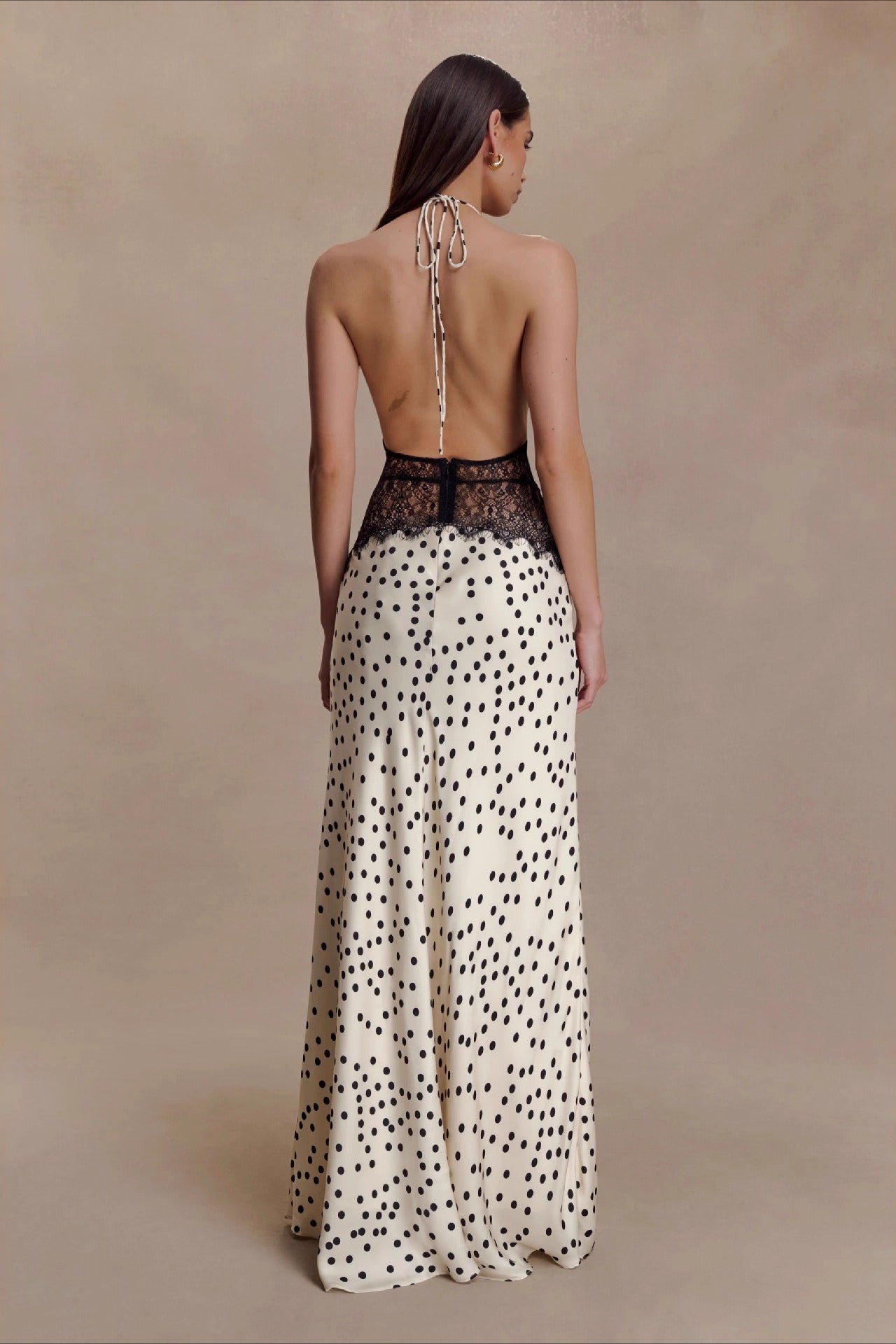Polka Dot Lace-Patchwork Deep-V Maxi Dress