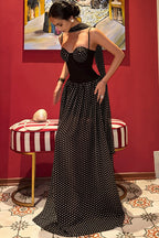 Strapless Dot-Print Ribbon Maxi Dress