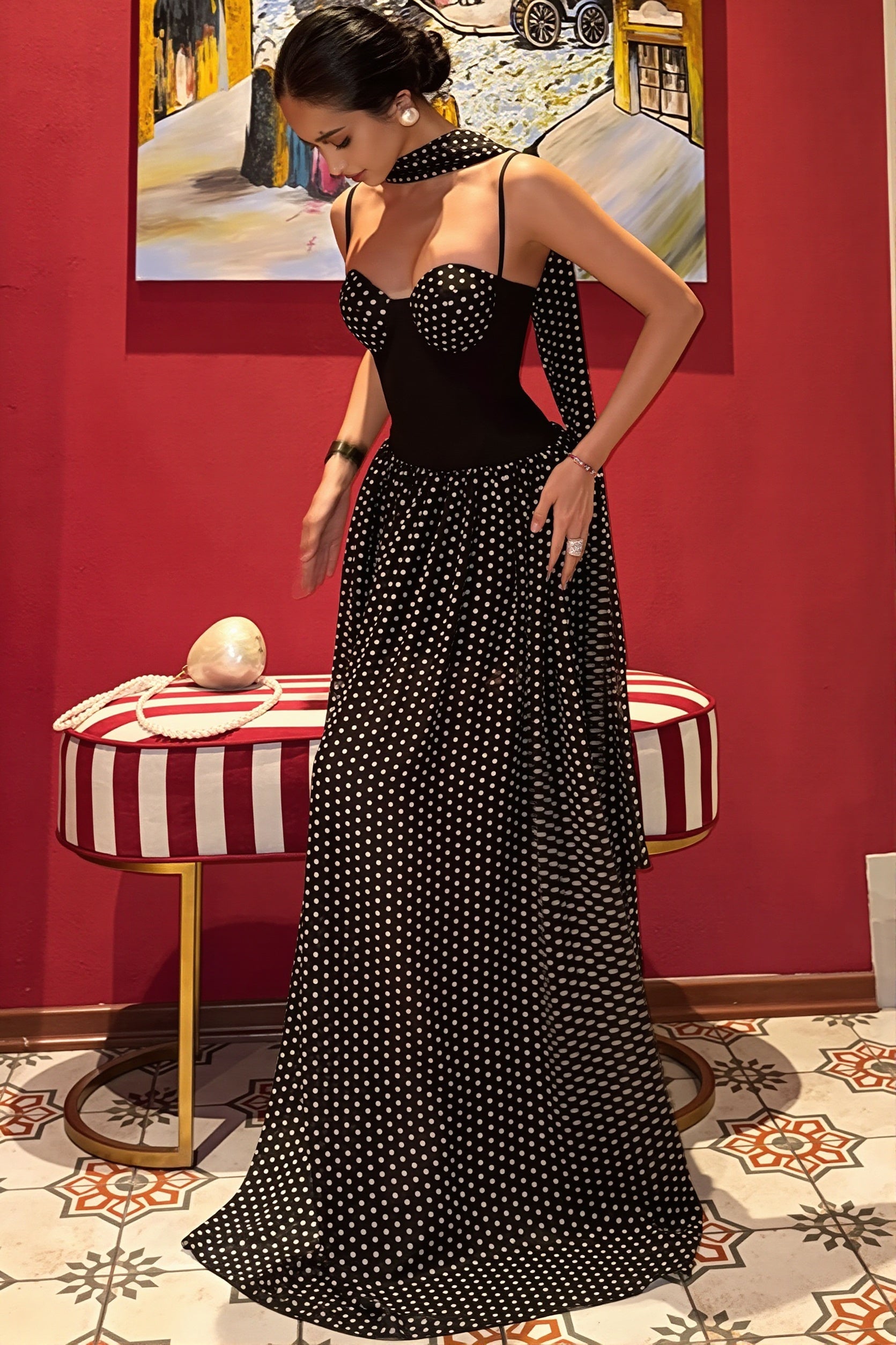 Strapless Dot-Print Ribbon Maxi Dress