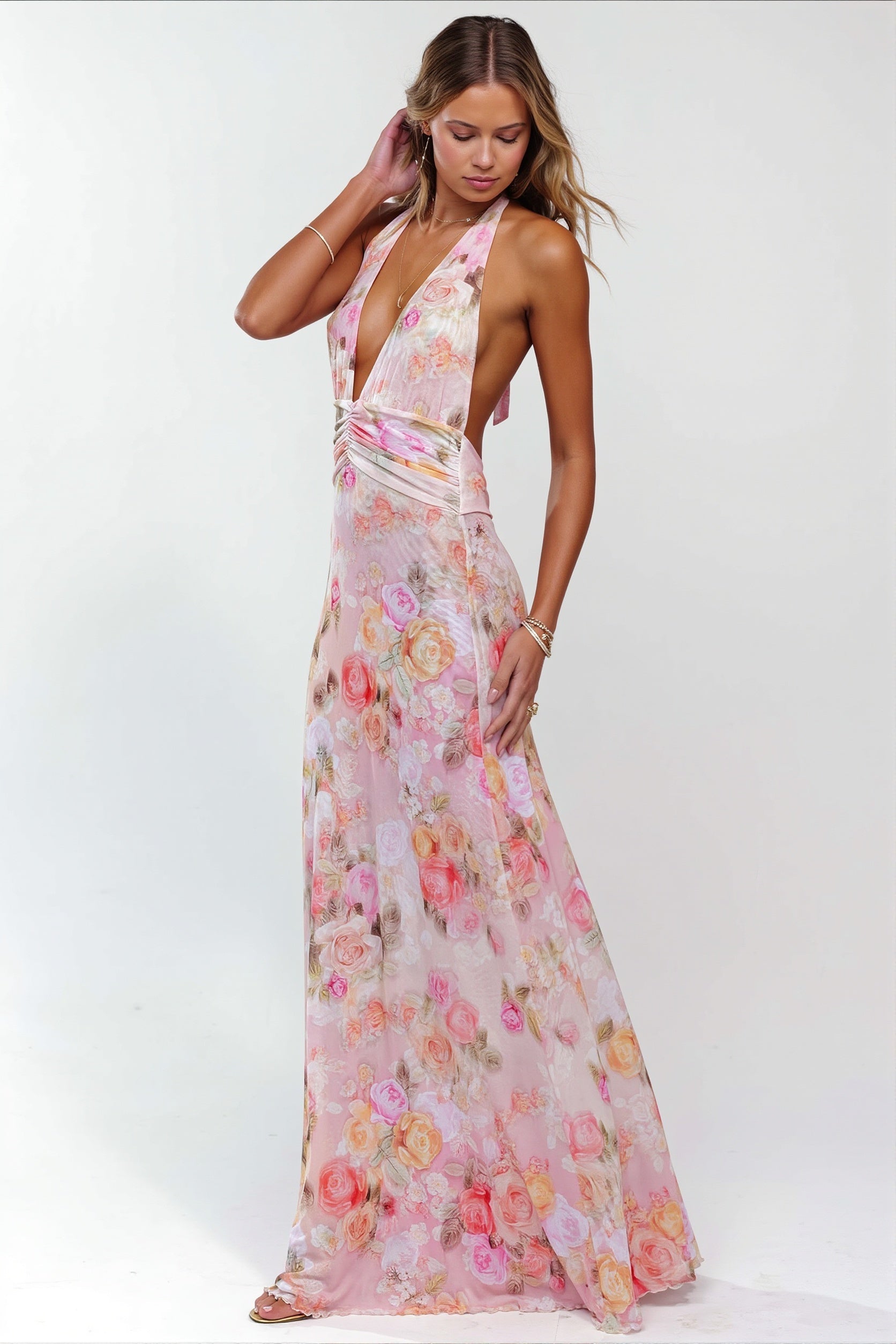 Printed Halter Backless Slim Maxi Dress