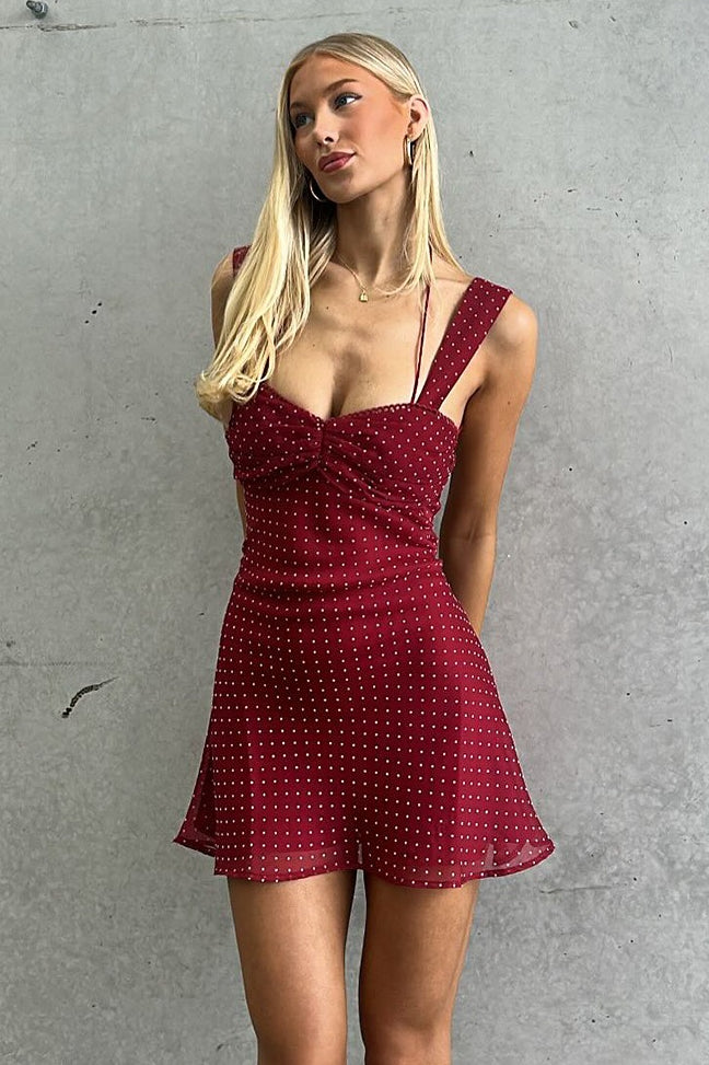 Polka Dot Chiffon Backless Tie Mini Dress