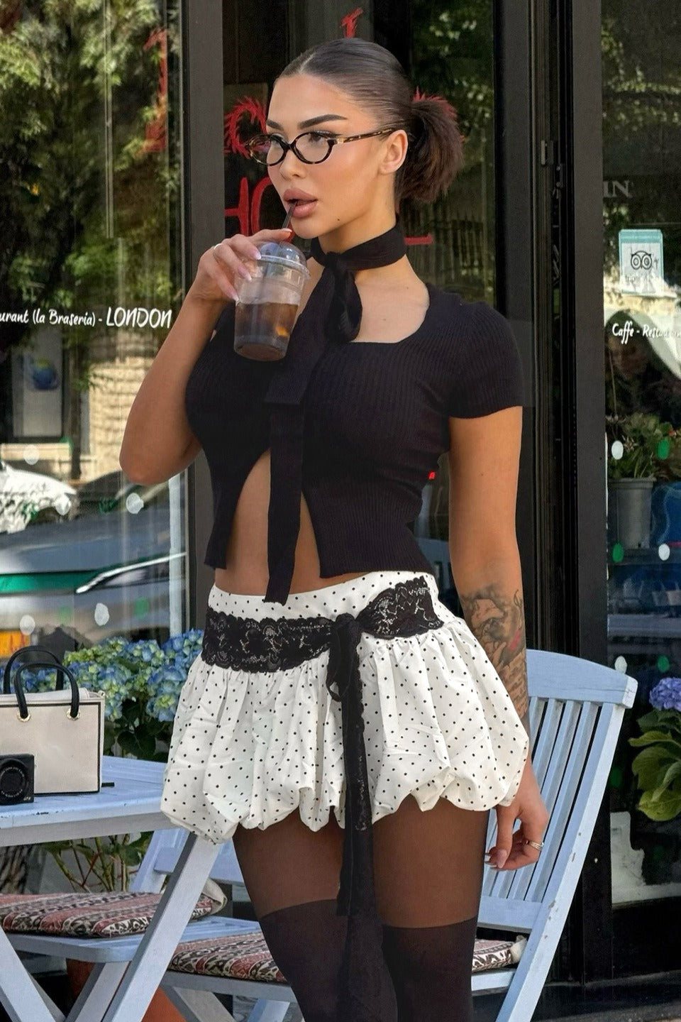 Lace-Trim Polka Dot Low-Waist Skirt