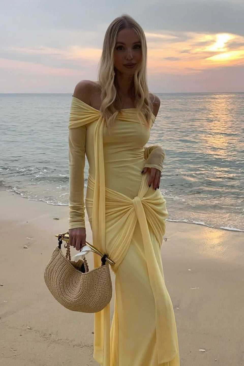 Off-Shoulder Tie Bodycon Maxi Dress