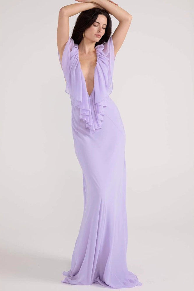 Deep-V Ruffle Solid Maxi Dress