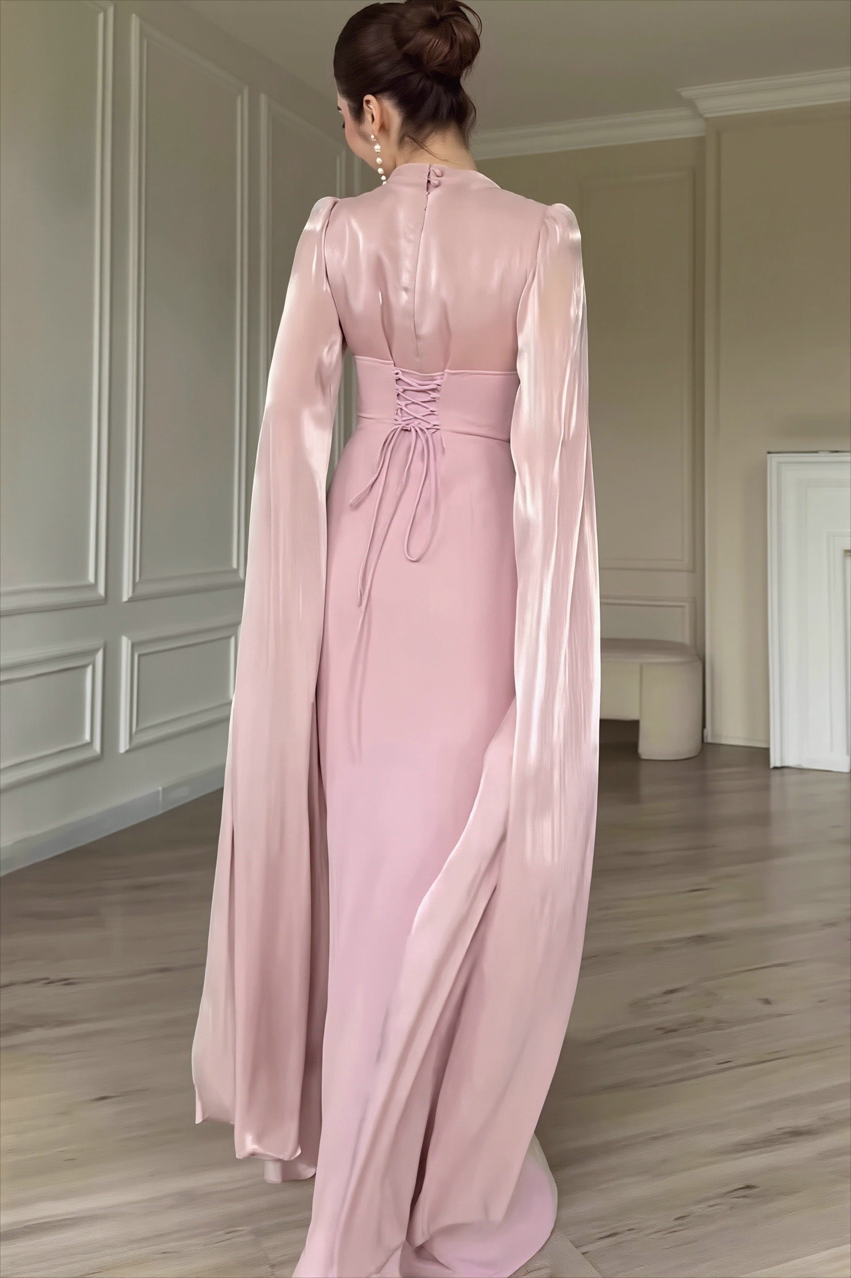 Glossy Flowy-Sleeve Slim Maxi Dress