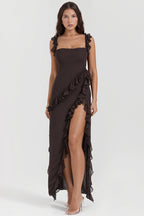 Ribbon Ruffle-Splice Slit Maxi Dress