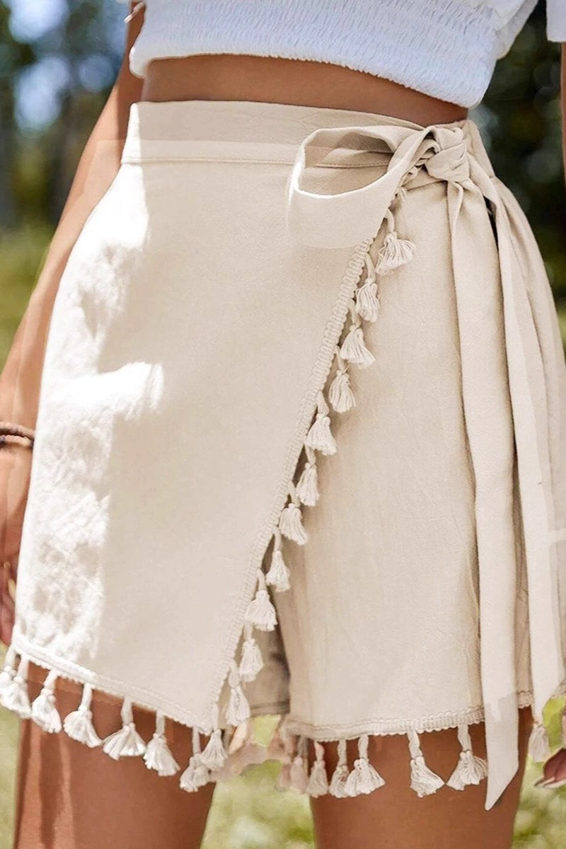 Lace-Up Fringe-Hem Short Skirt