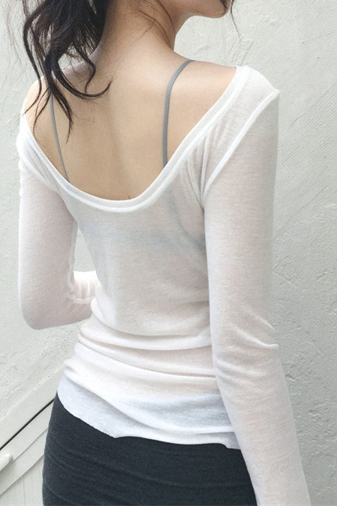 Sheer U-Neck Long-Sleeve Blouse
