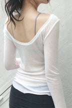 Sheer U-Neck Long-Sleeve Blouse
