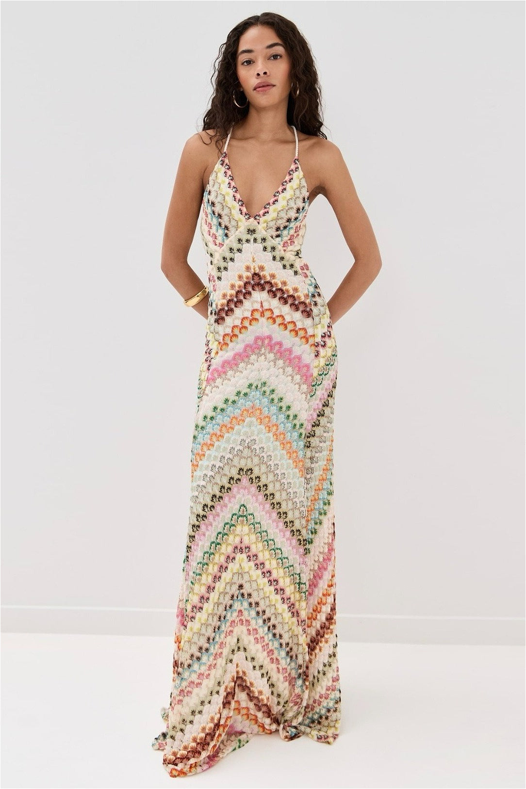 Striped-Knit Cutout Maxi Dress