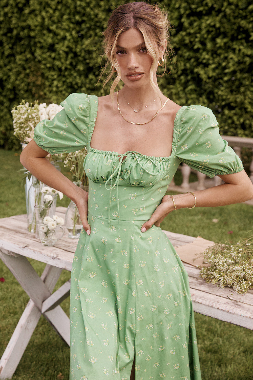 Floral Tie-Side Puff-Sleeve Dress
