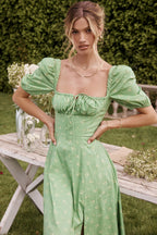 Floral Tie-Side Puff-Sleeve Dress
