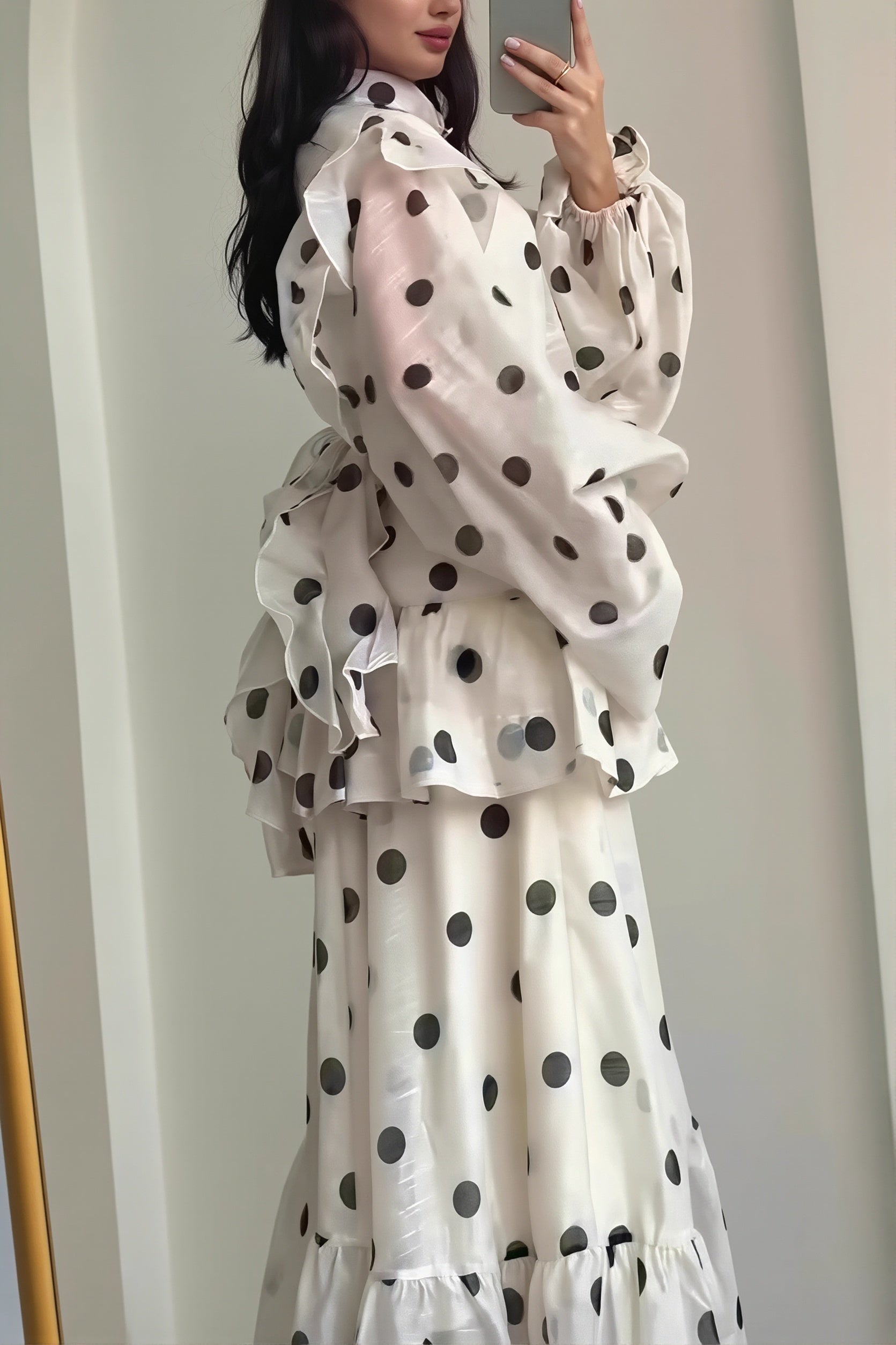 Sheer Polka Dot Long-Sleeve Maxi Dress