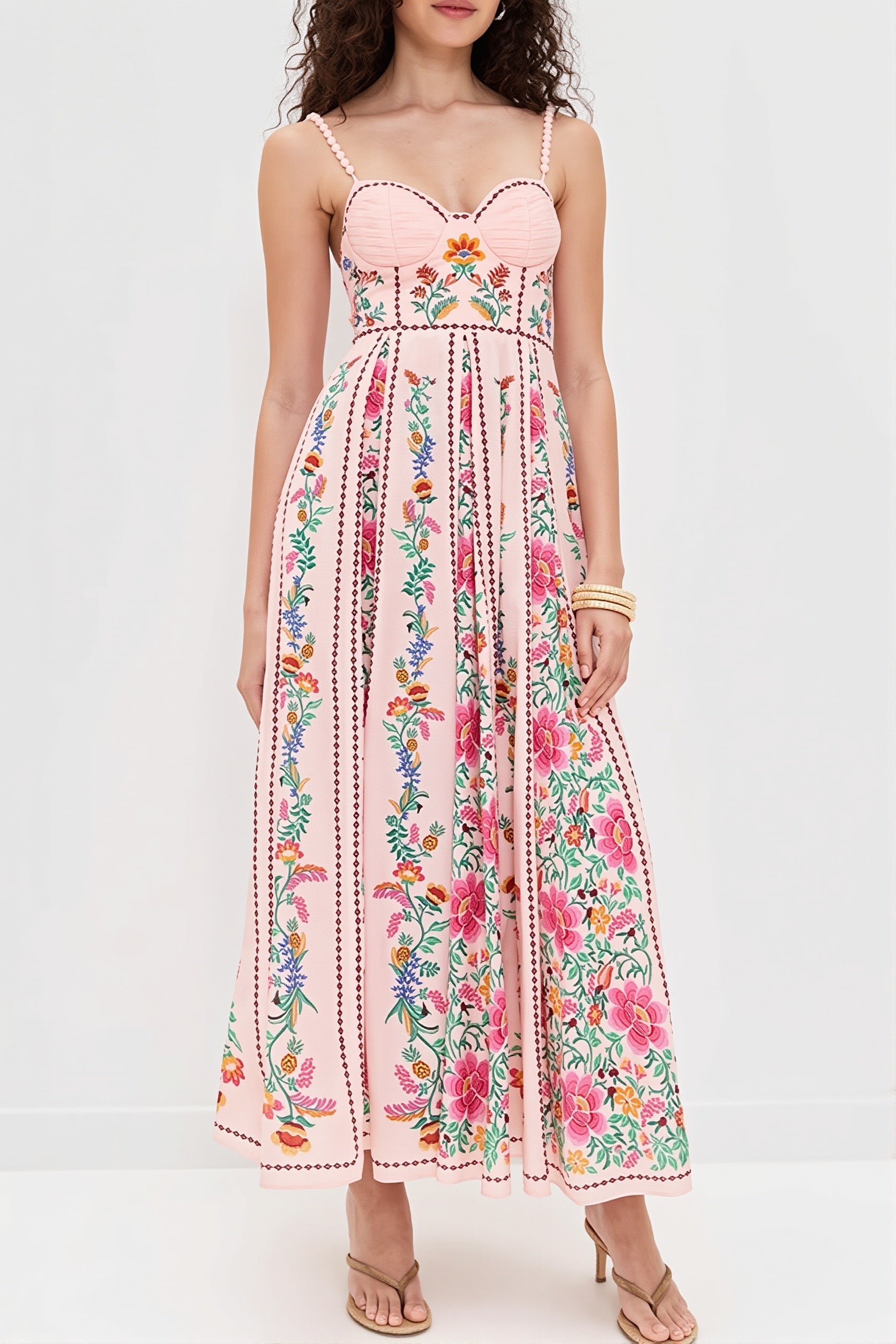 Floral Linen Spaghetti-Strap Boho Dress
