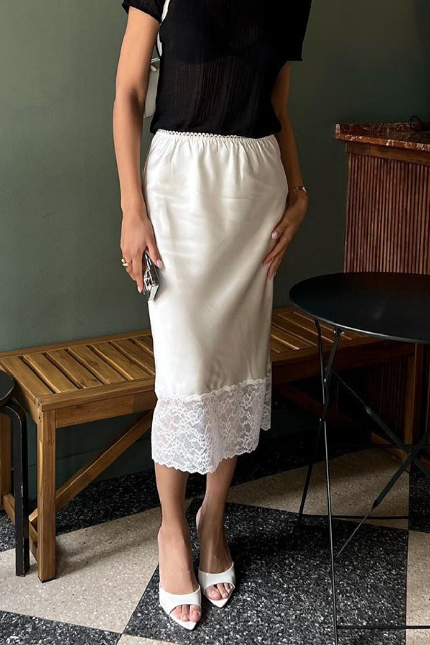 Satin Lace-Trim Bodycon Skirt