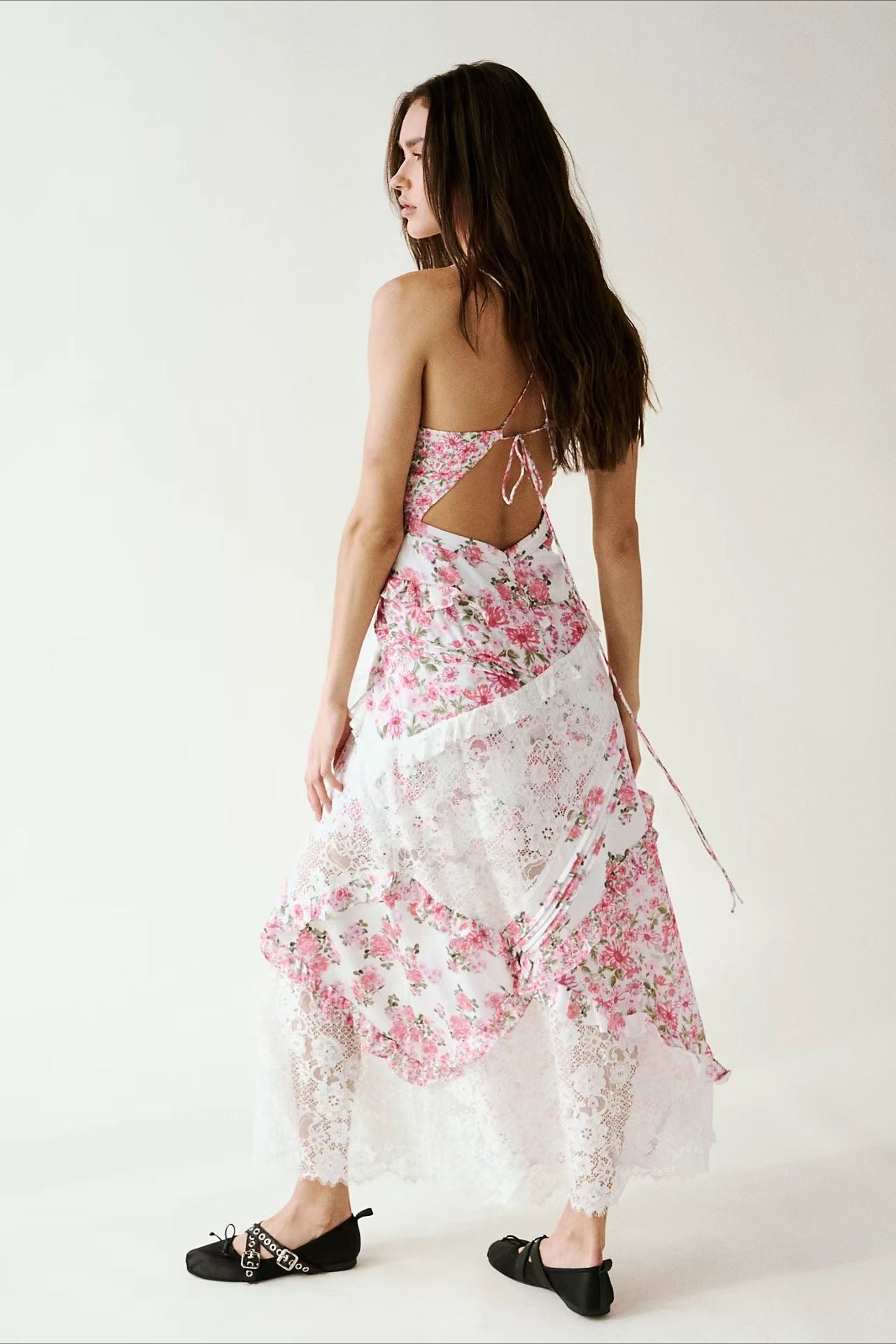 Floral Lace-Patchwork Ruffle Cami Maxi Dress