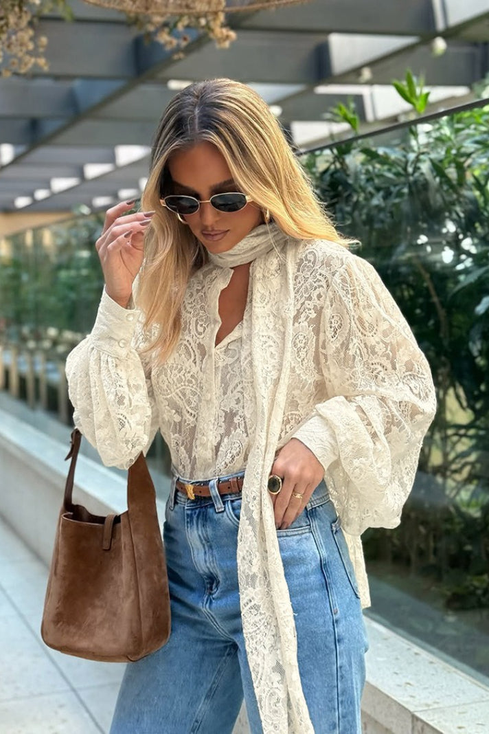 Sheer Lace Tie Long-Sleeve Blouse