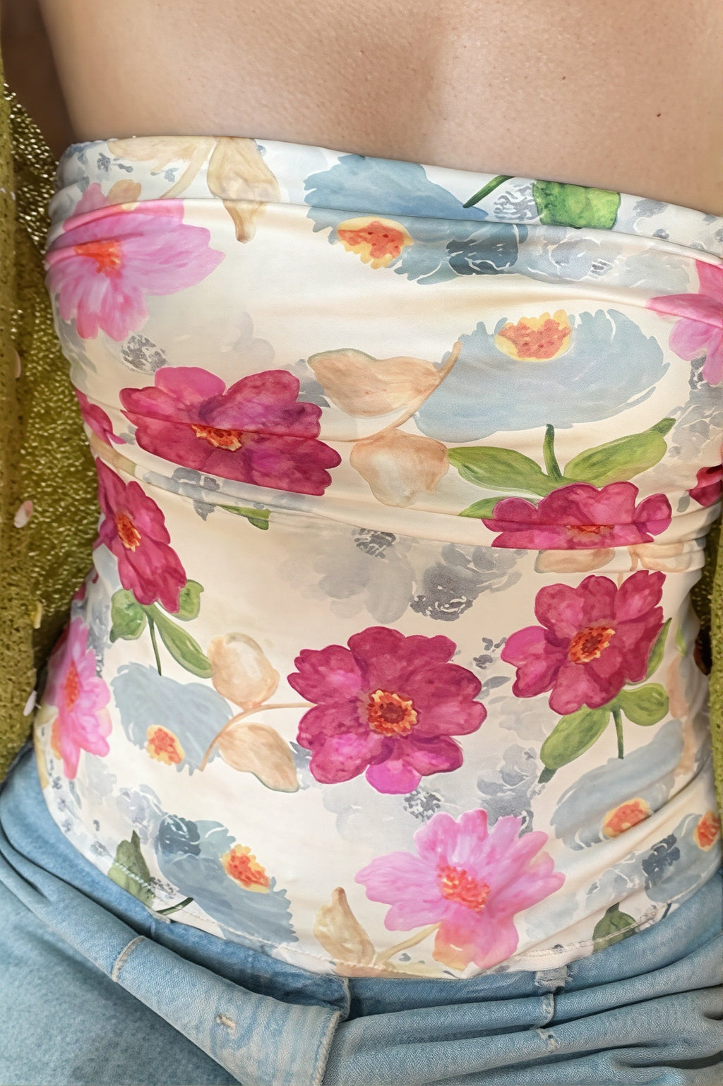 Floral Color-Block Strapless Blouse