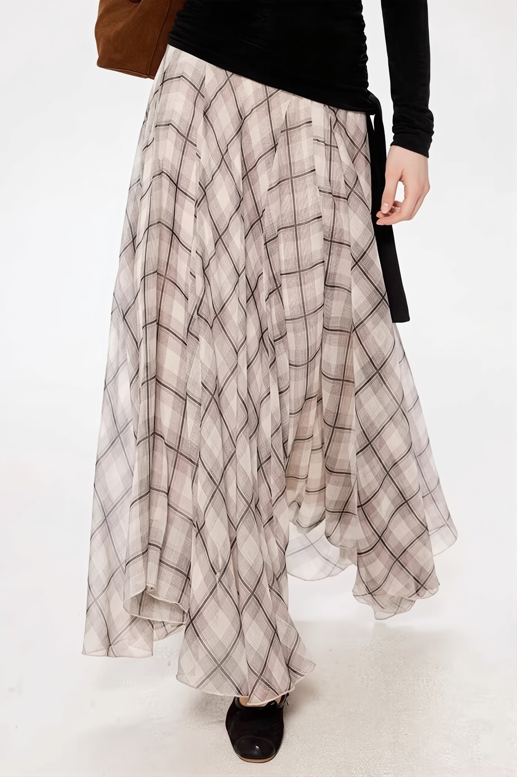 Draped Plaid Slim Maxi Skirt