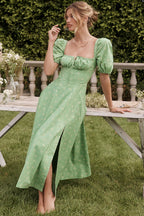 Floral Tie-Side Puff-Sleeve Dress