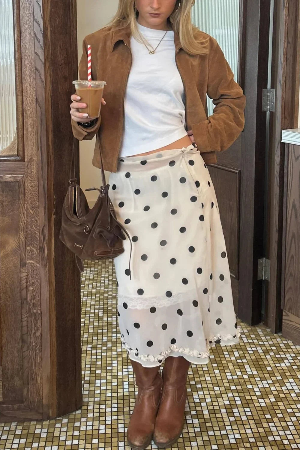 Draped Polka Dot High-Waist Skirt