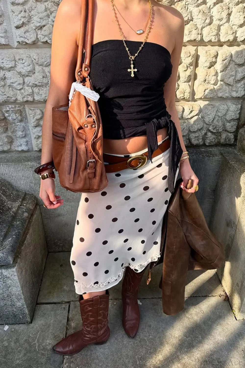 Draped Polka Dot High-Waist Skirt