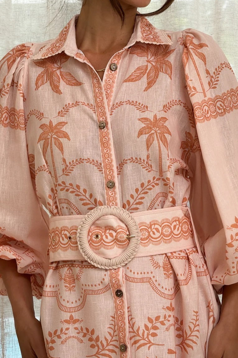 Linen Puff-Sleeve Boho Dress