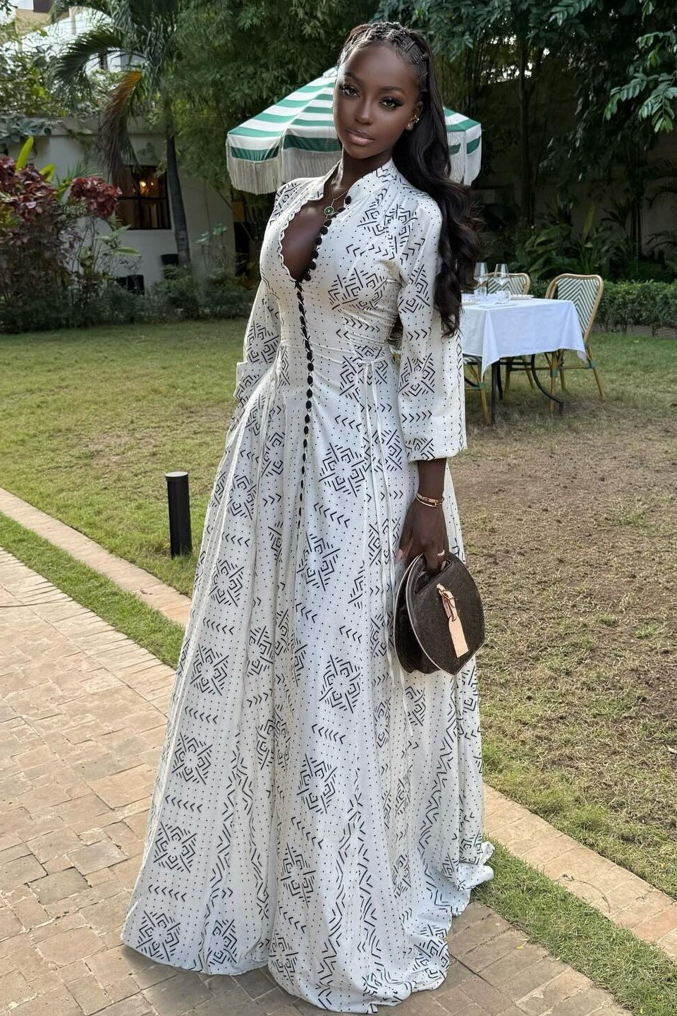 Stand-Collar Button-Front Maxi Dress