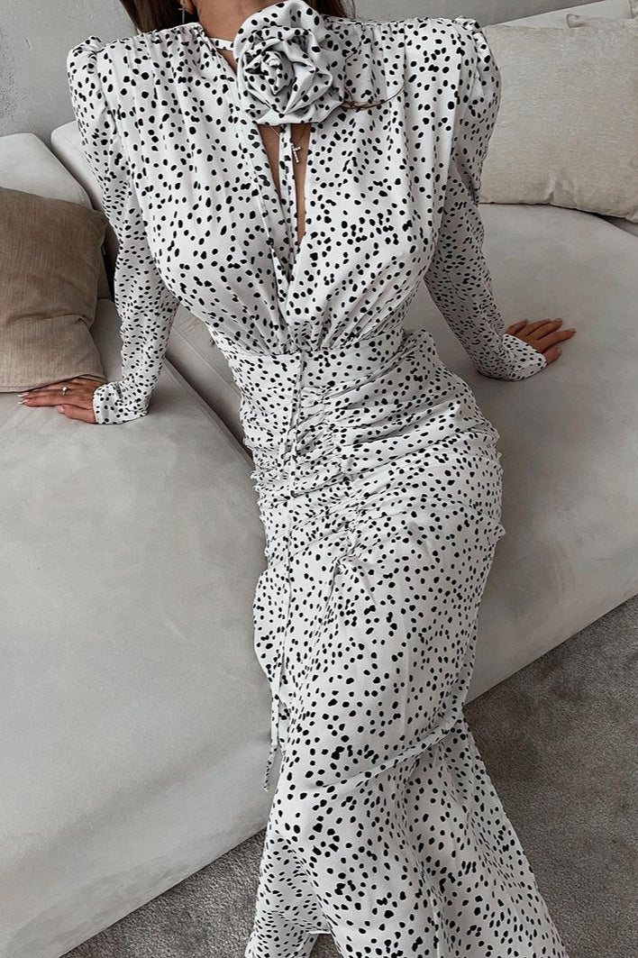 Polka Dot Floral Puff-Sleeve Maxi Dress