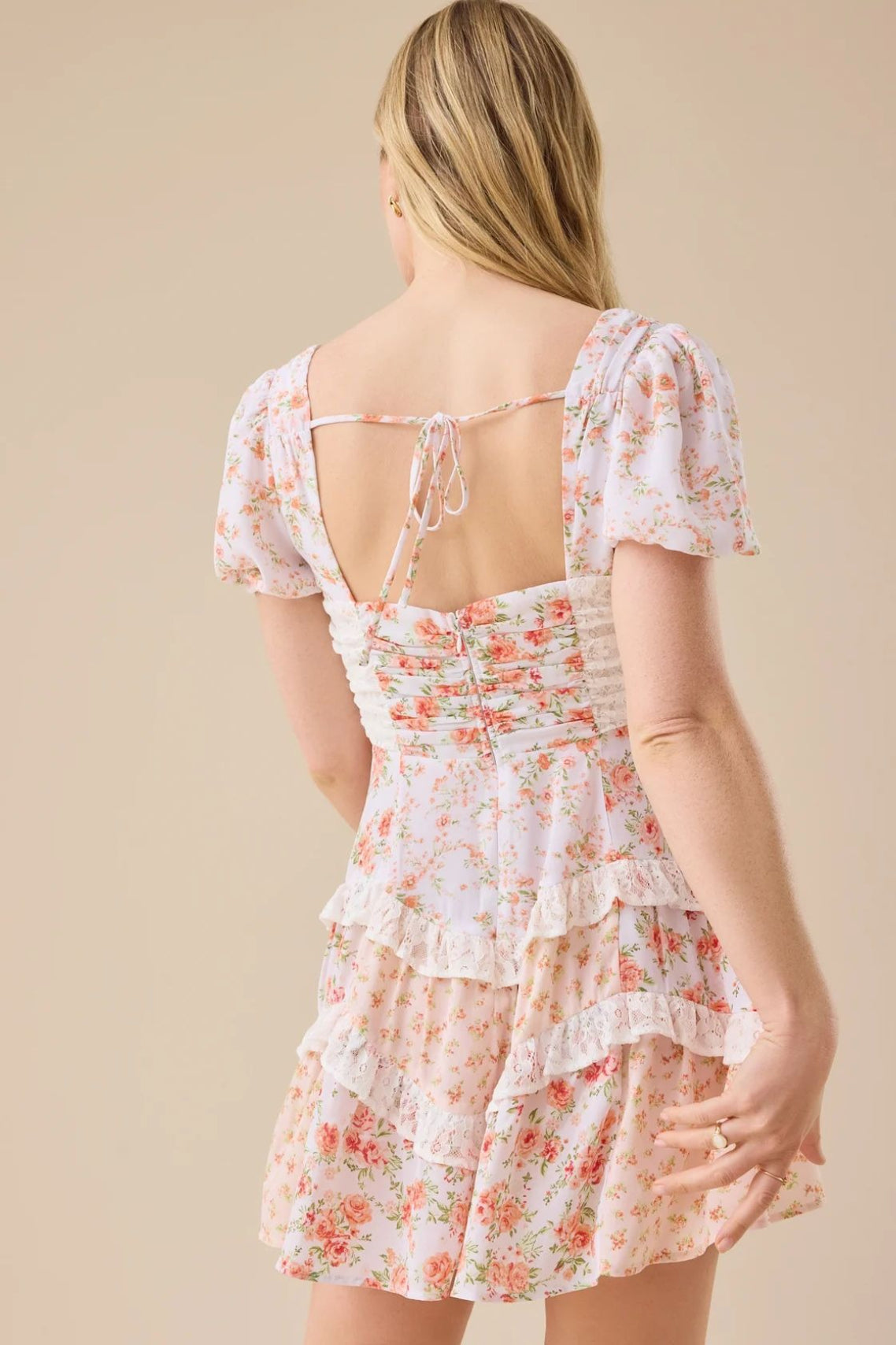Floral Lace-Patchwork Puff-Sleeve Mini Dress