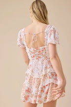 Floral Lace-Patchwork Puff-Sleeve Mini Dress