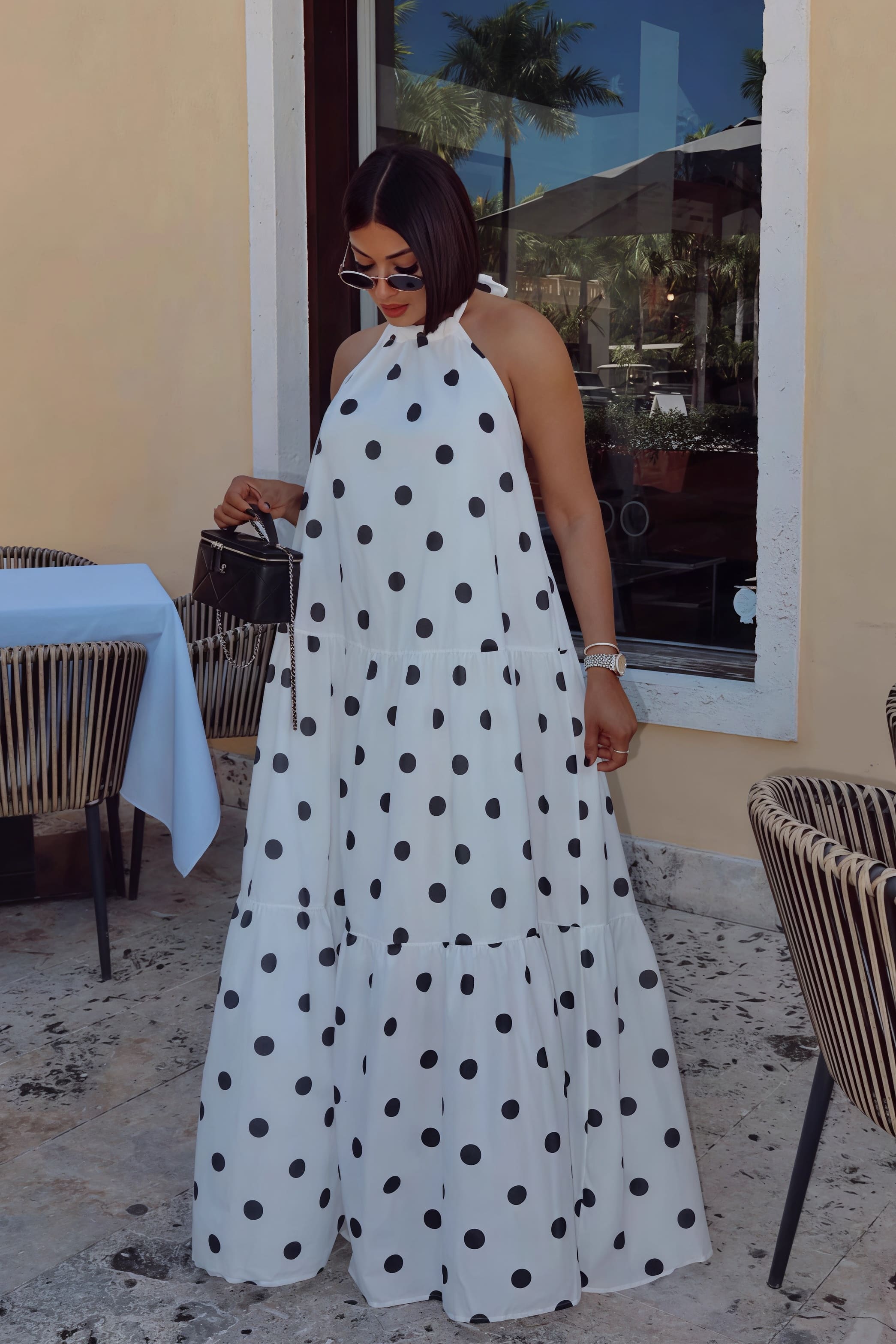 Polka Dot Patchwork Halter Swing Maxi Dress