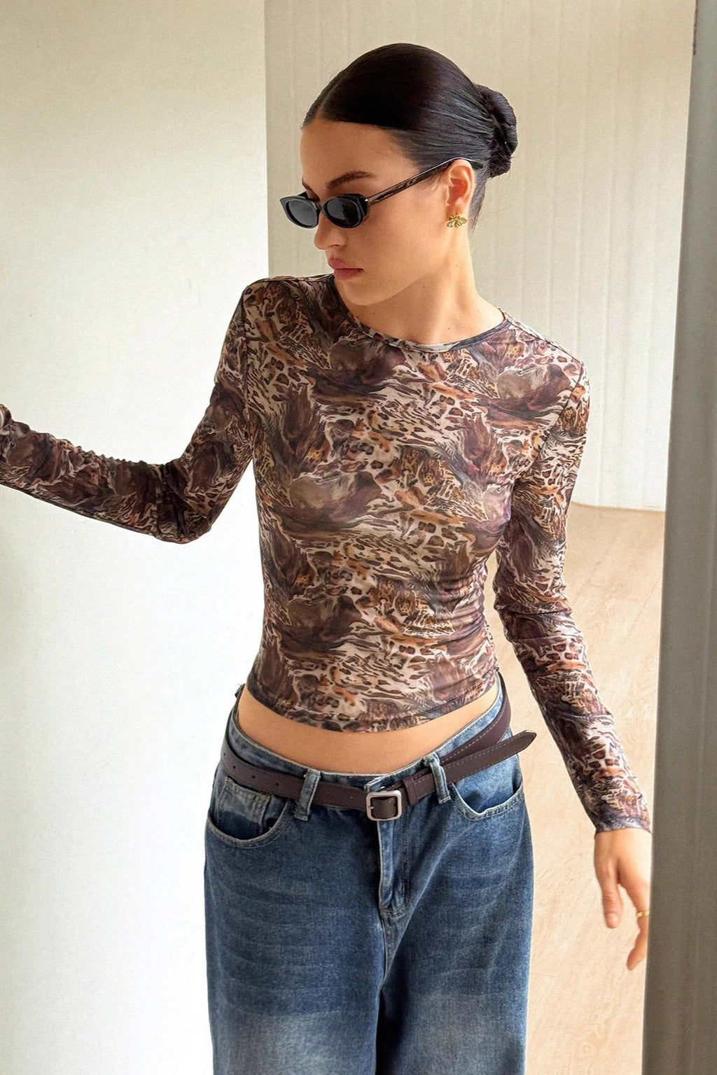 Leopard Mesh Sheer Long-Sleeve Top