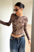 Leopard Mesh Sheer Long-Sleeve Top