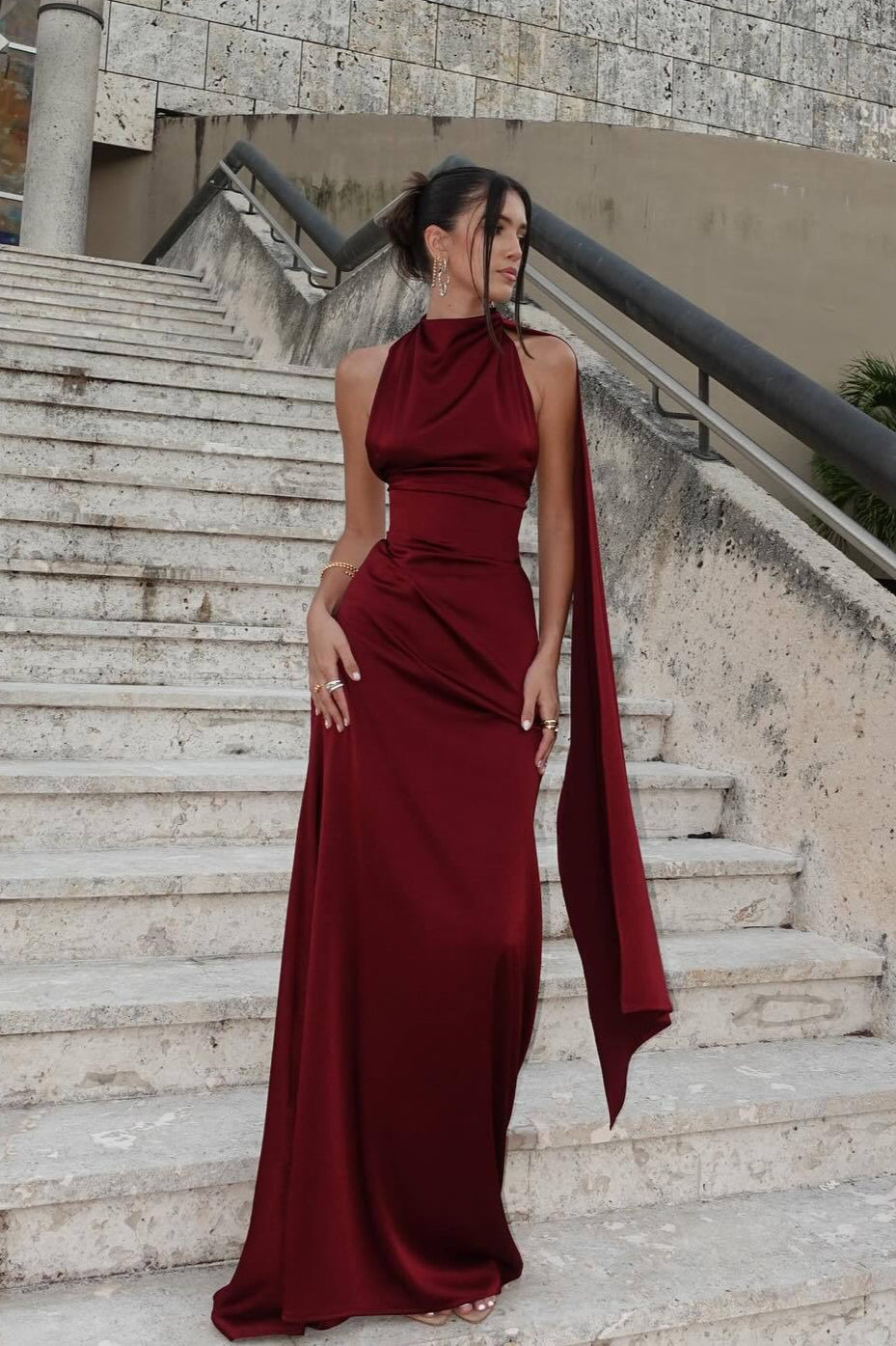 Satin Halter Solid Prom Dress