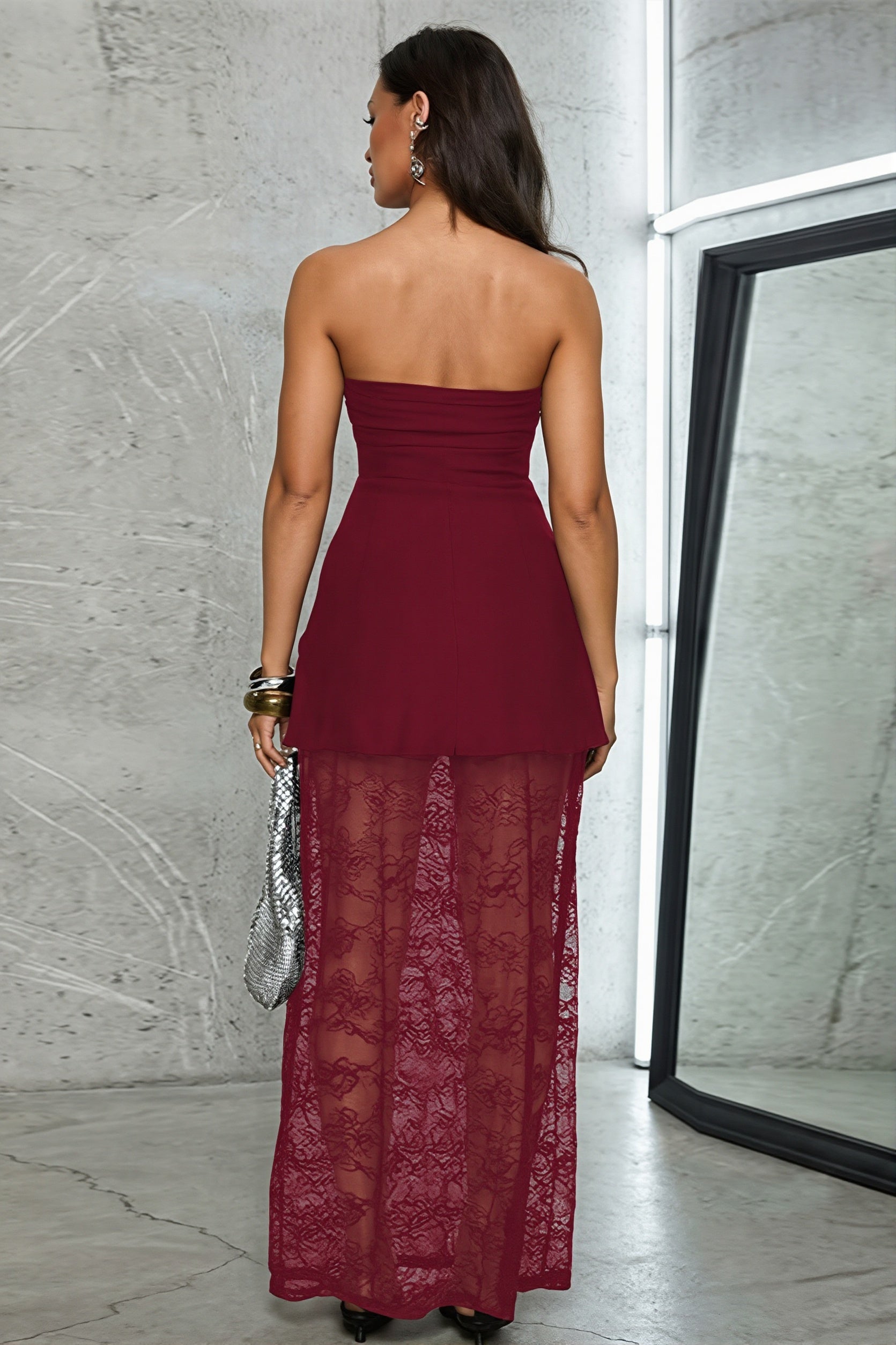 Lace-Insert Strapless Two-Piece Maxi Dress