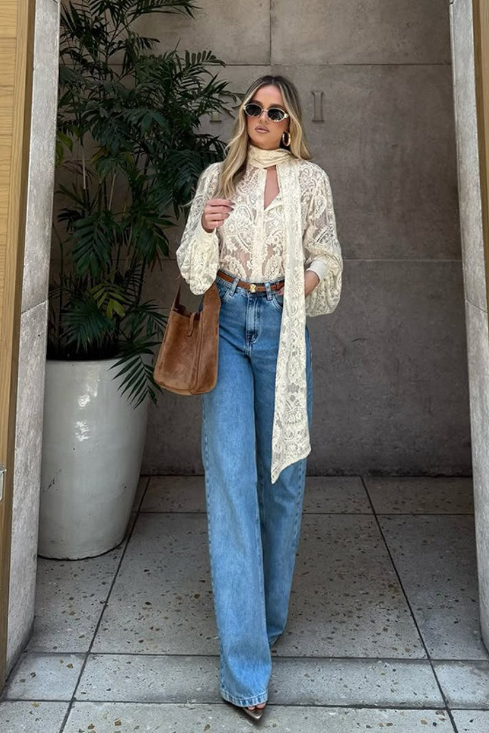 Sheer Lace Tie Long-Sleeve Blouse
