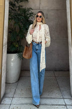 Sheer Lace Tie Long-Sleeve Blouse